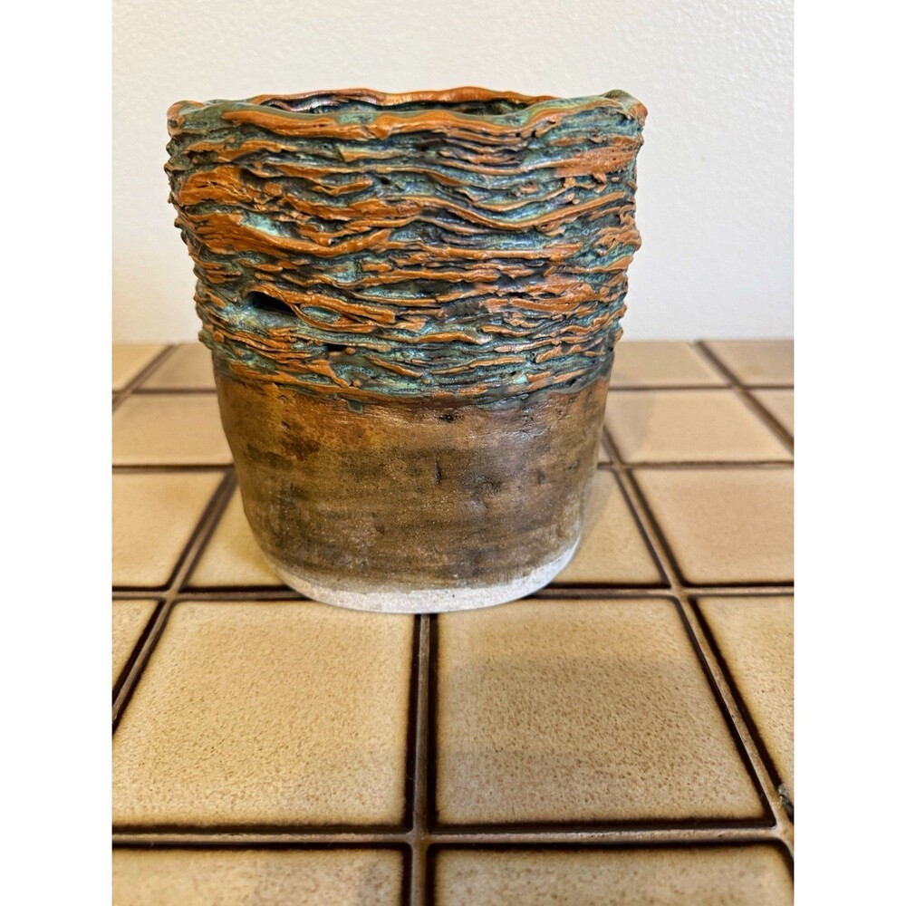 Signed JM Studio Art Pottery Vase Texture Bark Turquoise Brown Sculptural Vessel
